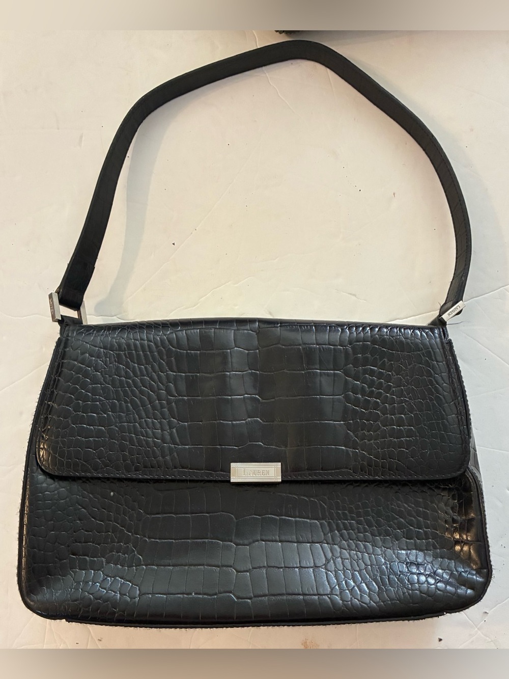 Ralph Lauren Black Croc-Embossed Shoulder Bag
